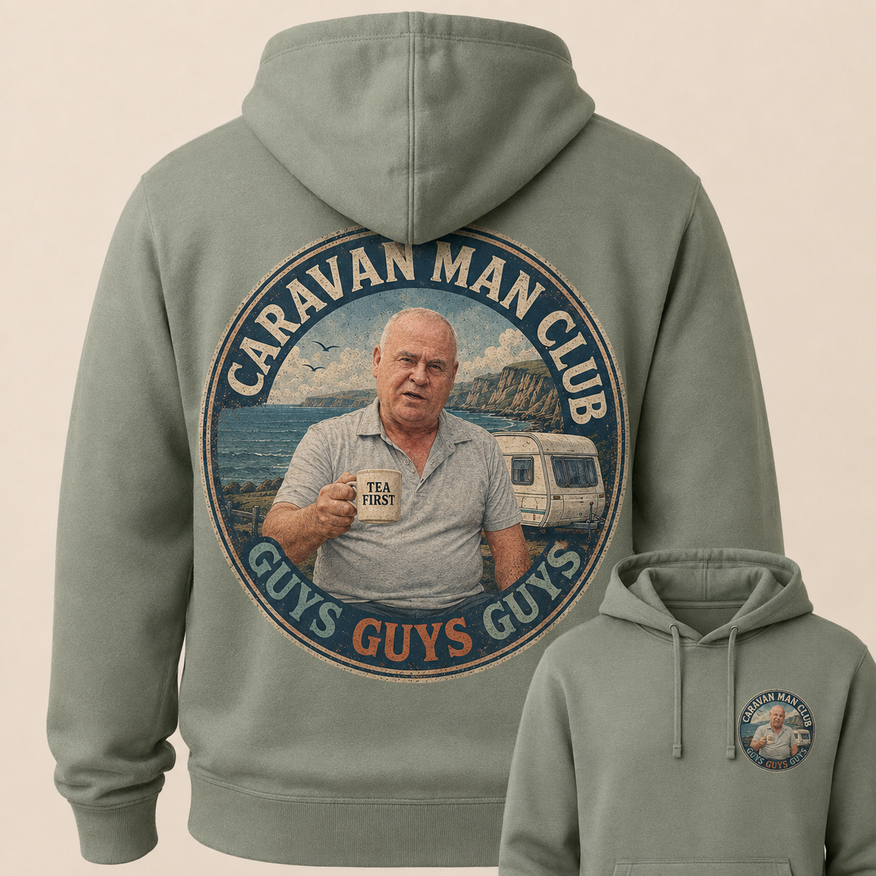 Nigel The Caravan Man Caravan Man Club sage hoodie Guys Guys Guys mockup