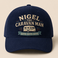 Nigel The Caravan Man navy cord cap with Guys Guys Guys embroidered design