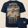 Nigel The Caravan Man Guys Guys Guys navy hero T-shirt front and back mockup
