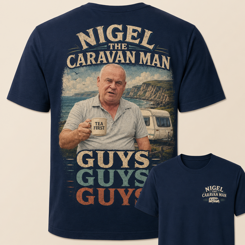 Nigel The Caravan Man Guys Guys Guys navy hero T-shirt front and back mockup