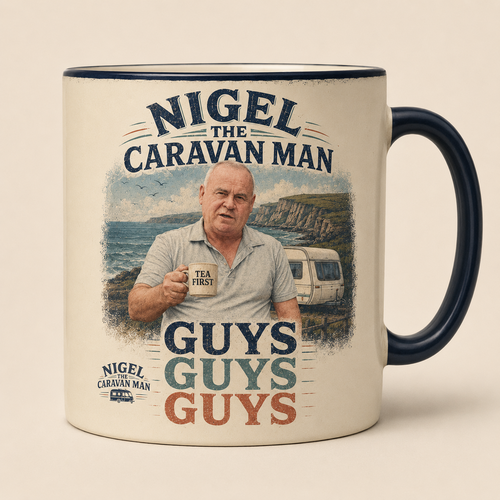 Nigel The Caravan Man Guys Guys Guys cream and navy mug mockup